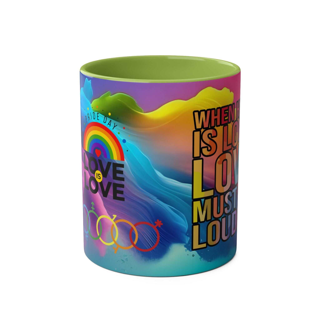 LGBTQ+ Pride mug with vibrant rainbow design and "Love is Love" message.