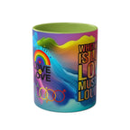 LGBTQ+ Pride mug with vibrant rainbow design and "Love is Love" message.