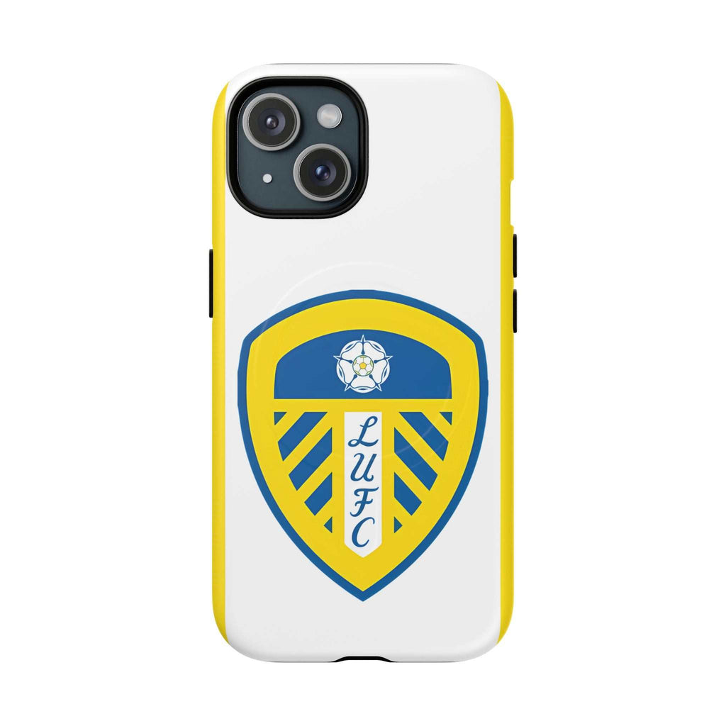 Leeds Utd Magsafe iPhone case with white base and club crest, durable dual-layer protective cover.
