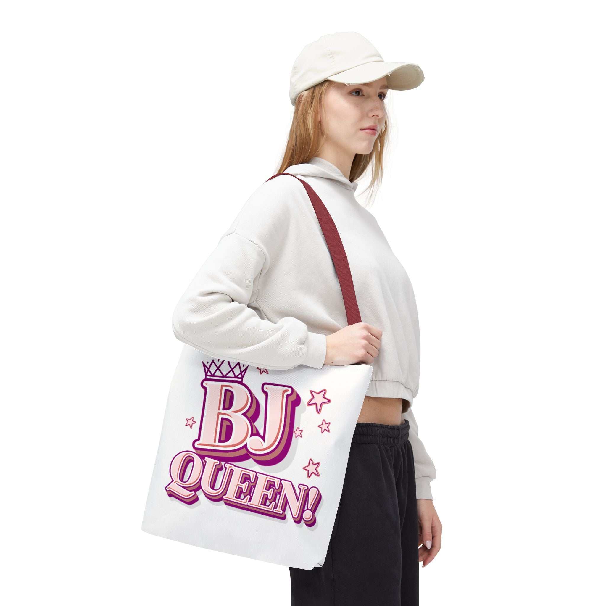 BJ Queen Tote Bag with cheeky design, durable spun polyester, multiple sizes and handle colors