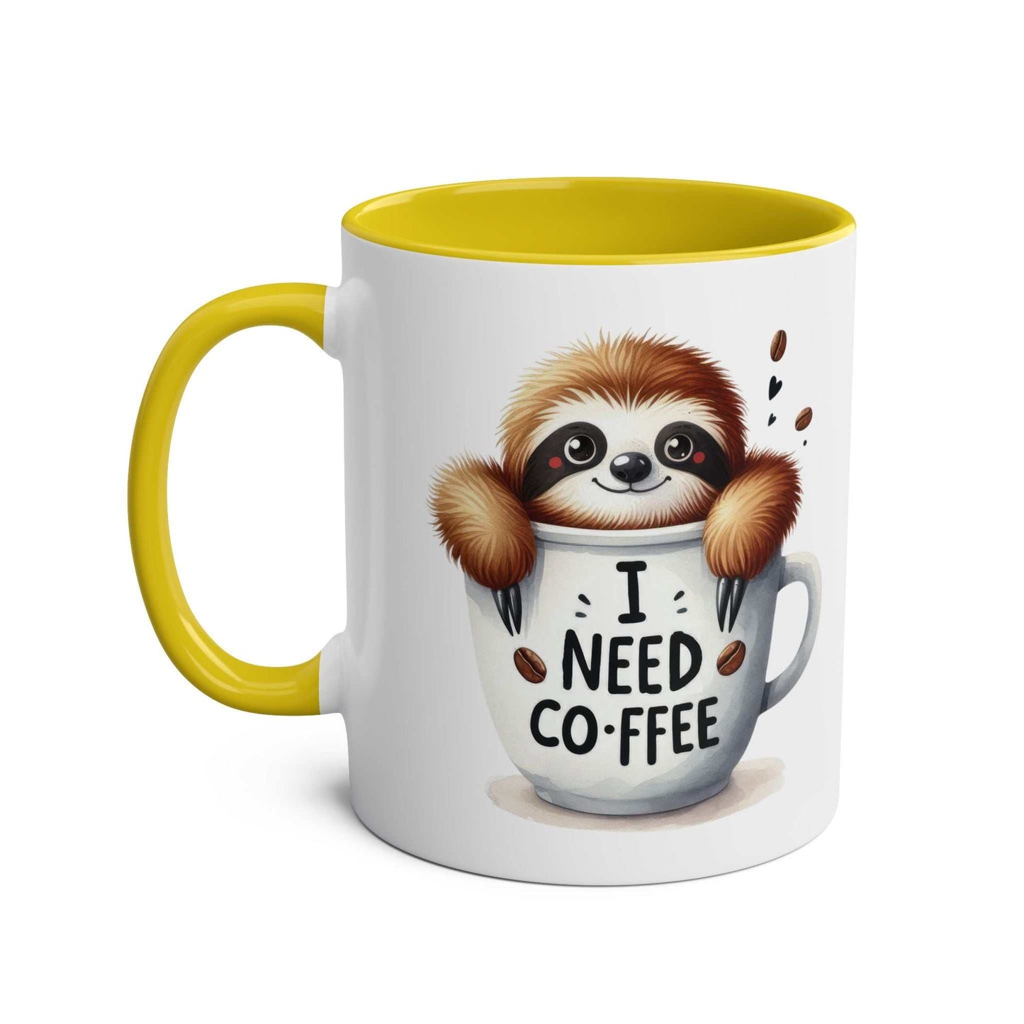 Cute sloth coffee mug with a colorful handle and whimsical sloth design, ideal for animal lovers.