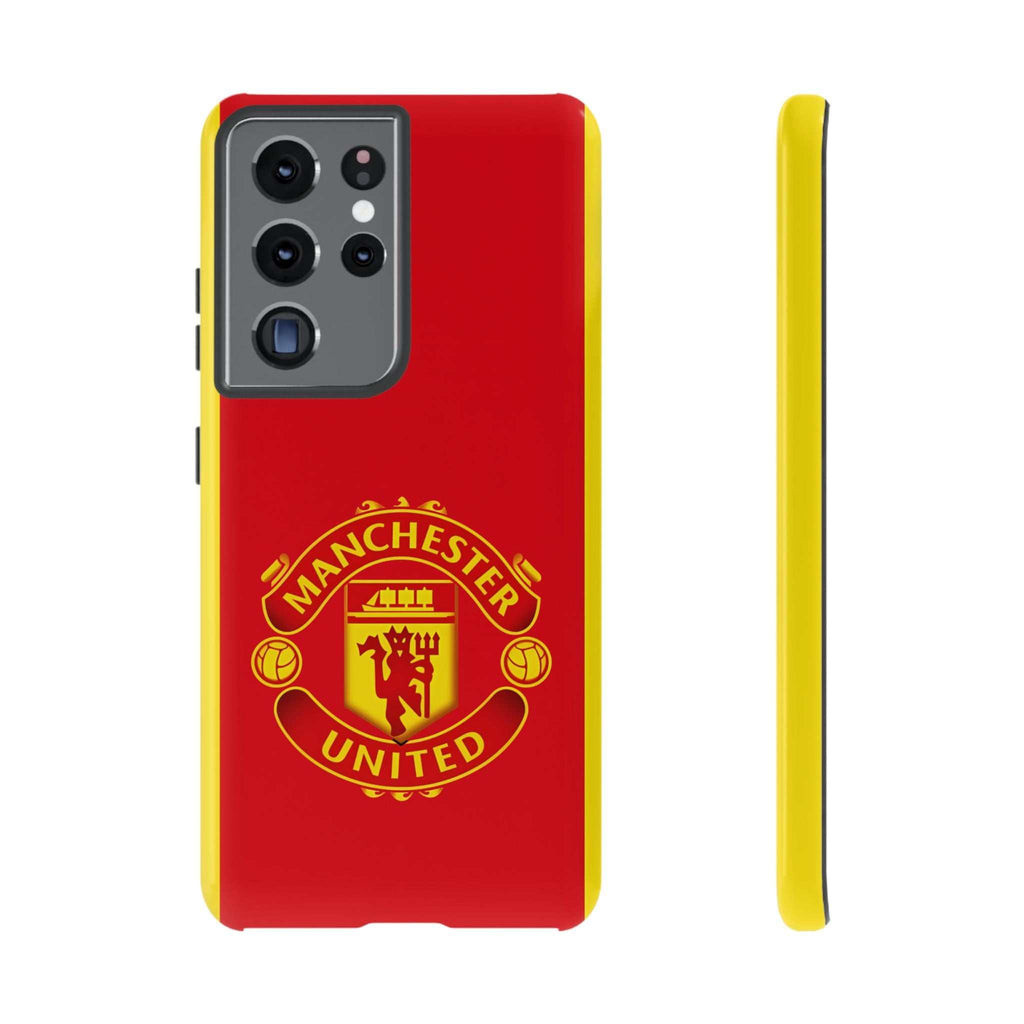 Manchester United Magnetic Samsung Case with red official crest, dual-layer protection, and wireless charging compatible