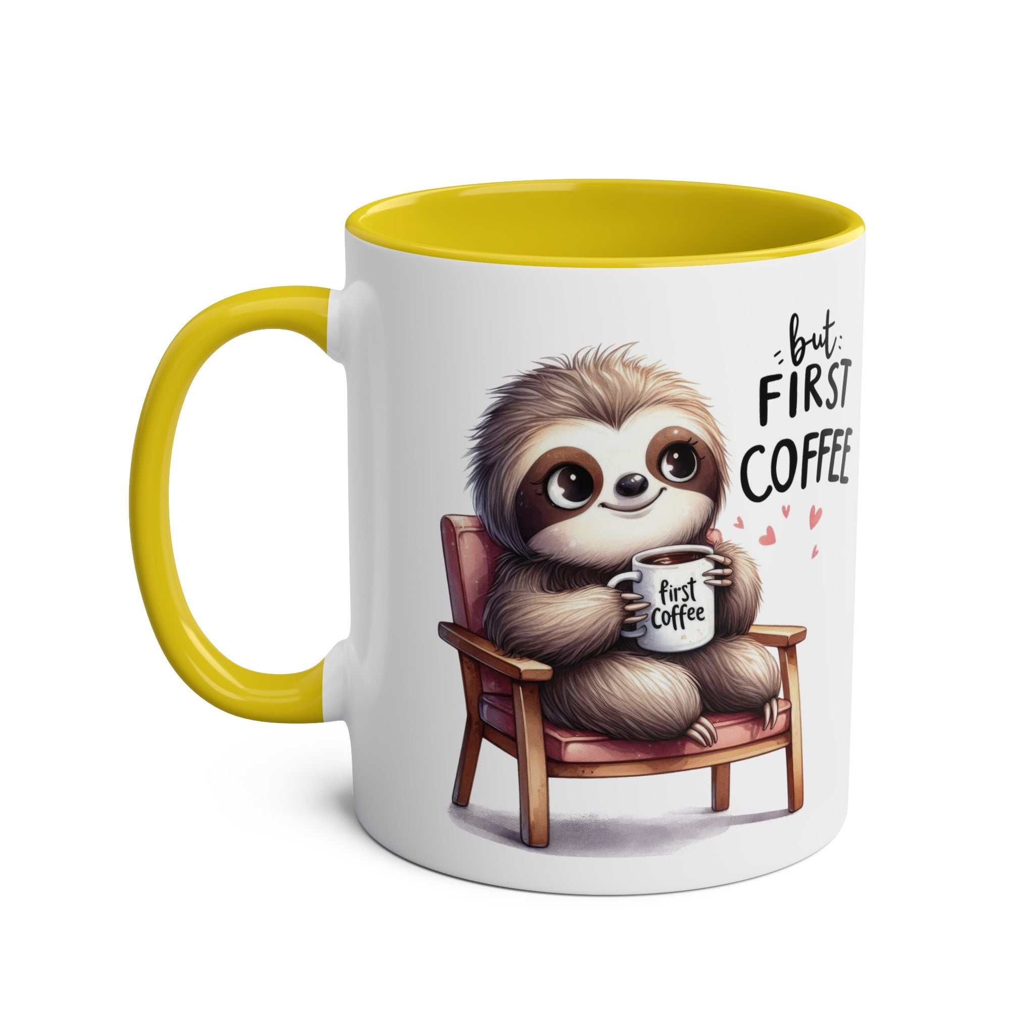 Cute sloth coffee mug with yellow handle, whimsical sloth design, 11oz ceramic mug.