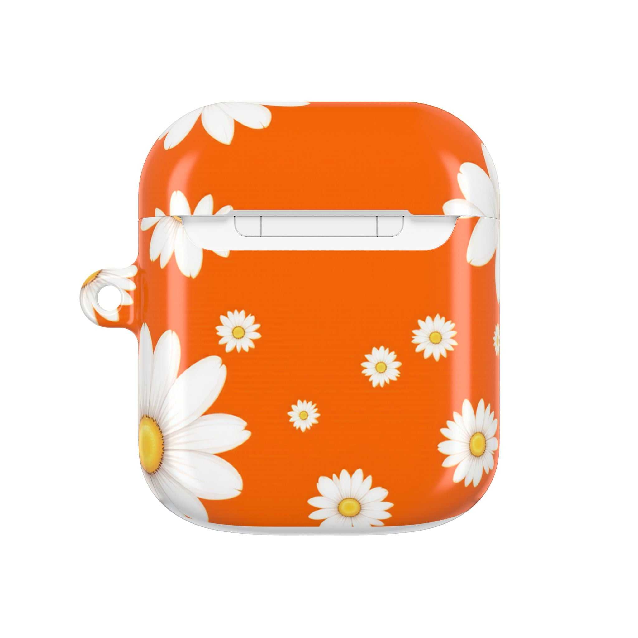 Orange daisies AirPods protective hard shell case with bright floral design and glossy finish