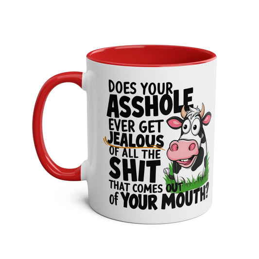 Cheeky rude ceramic two tone mug with funny design, red interior, 11oz, microwave and dishwasher safe.