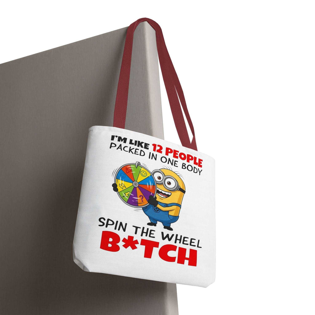 Funny Minion tote bag with cheeky design, durable spun polyester, and colorful handles for everyday use