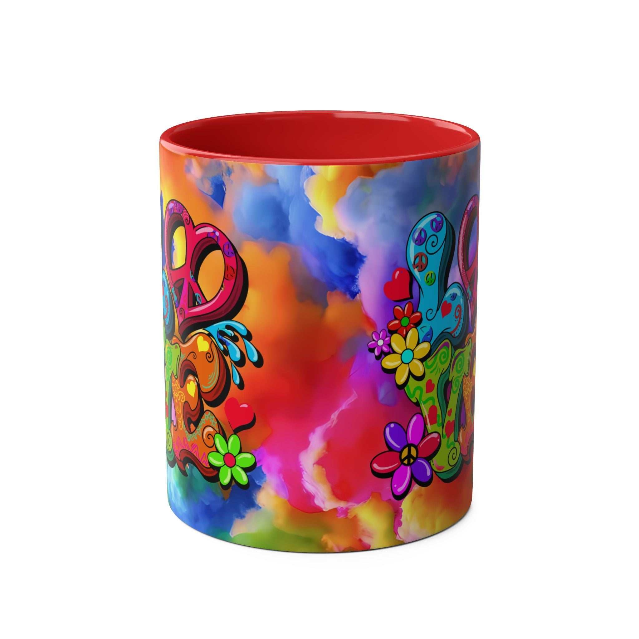 Colorful LGBTQ+ Pride mug with vibrant rainbow design and peace symbol, 11oz ceramic.