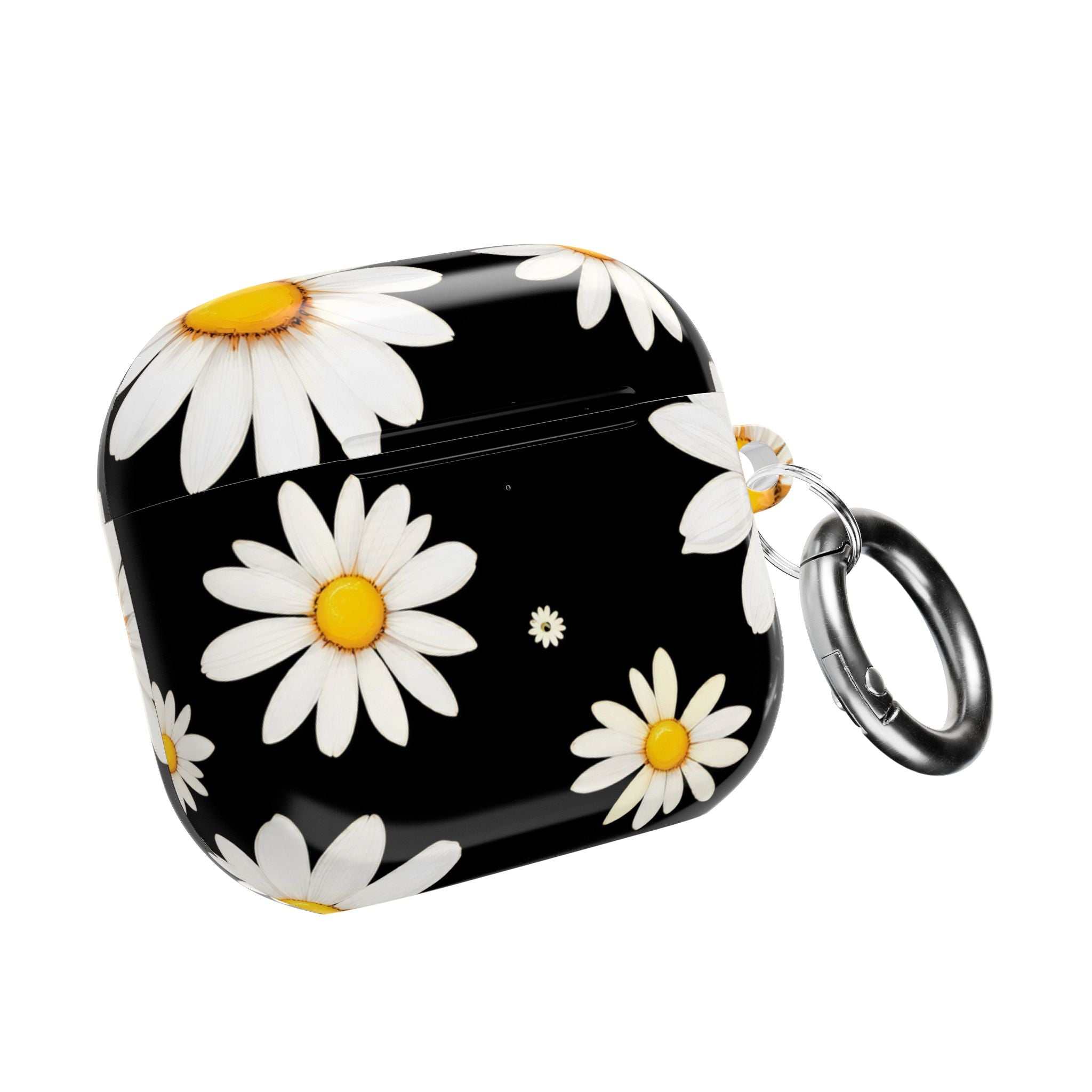 Black Daises AirPods hard shell protective case with white daisy design and keyring, compatible with AirPods and AirPods Pro, lightweight and scratch-resistant