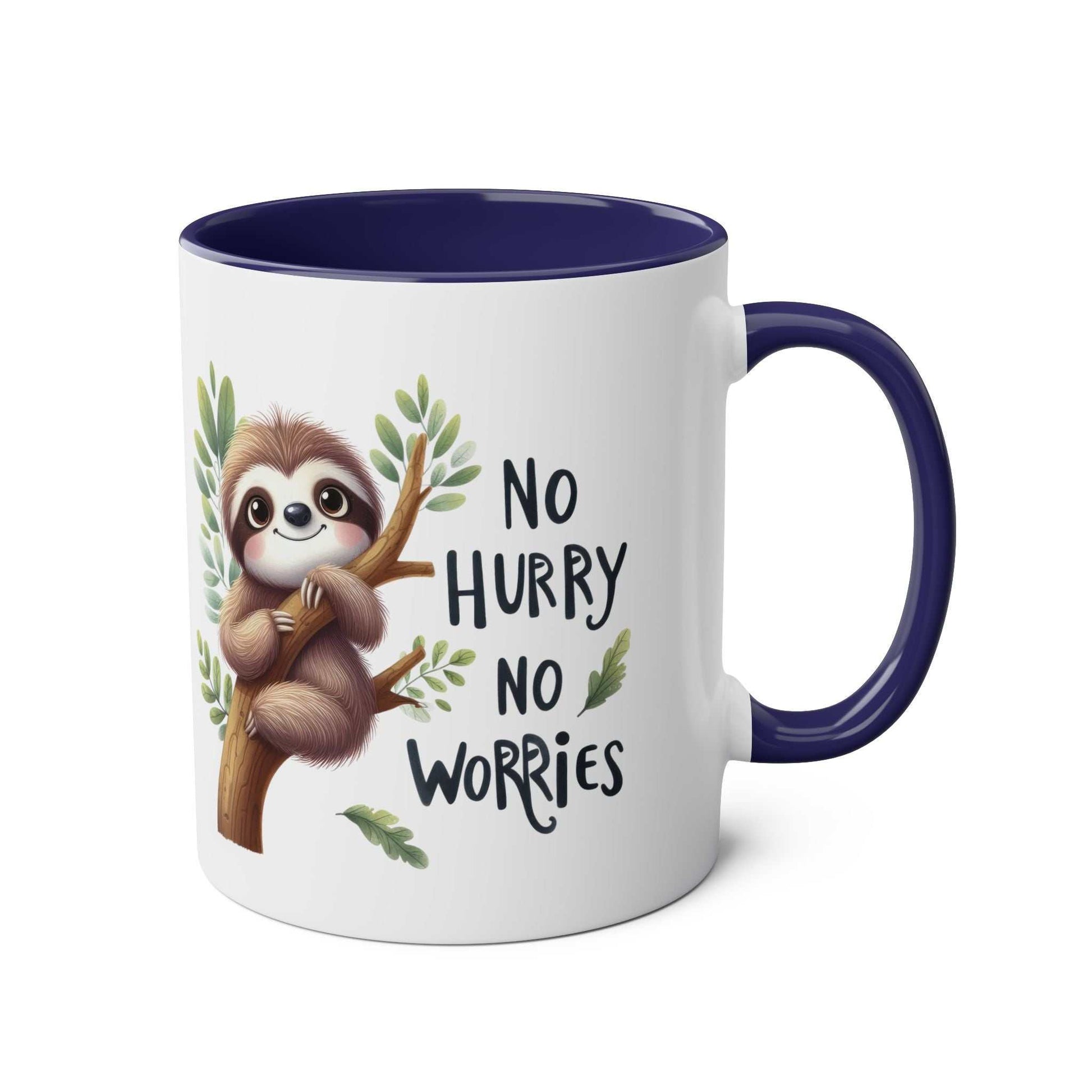 Cute sloth coffee mug with "No Hurry No Worries" design, perfect for animal lovers.