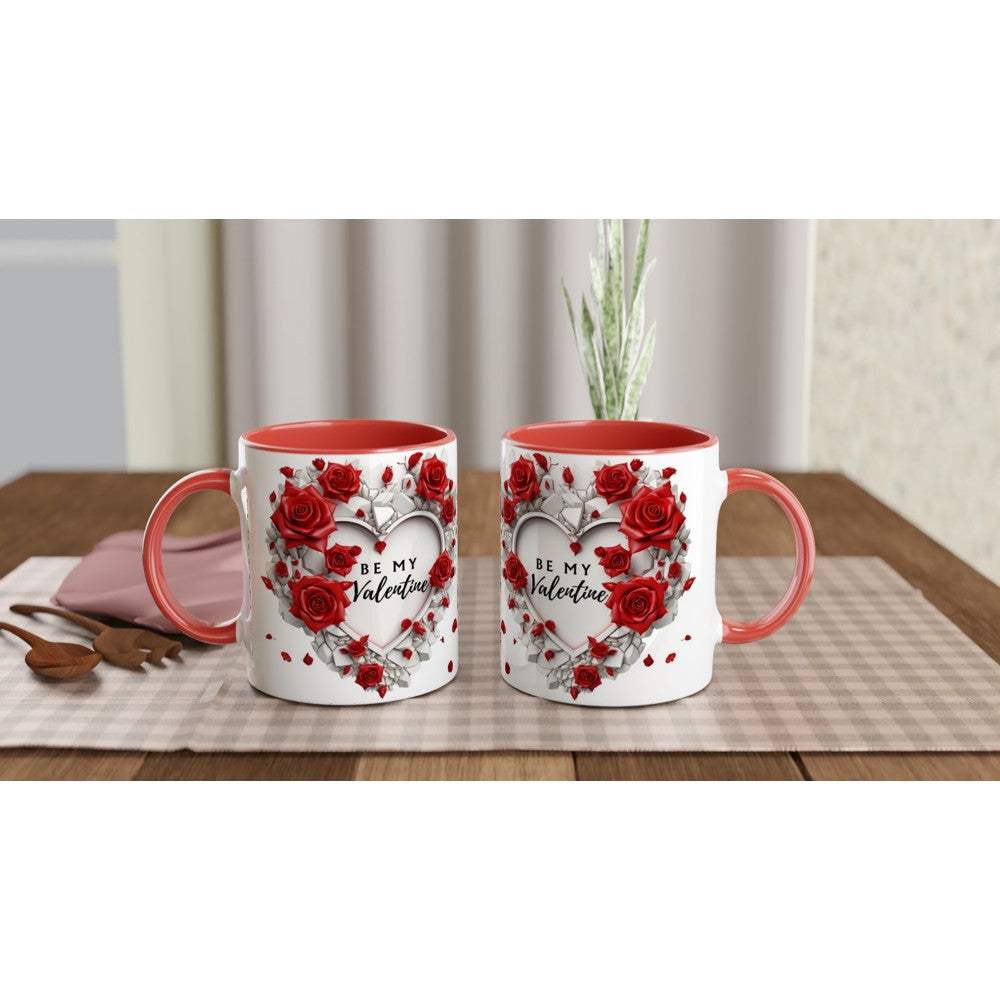 Stunning Valentines Day Mug with vibrant design, colored rim, and red roses.