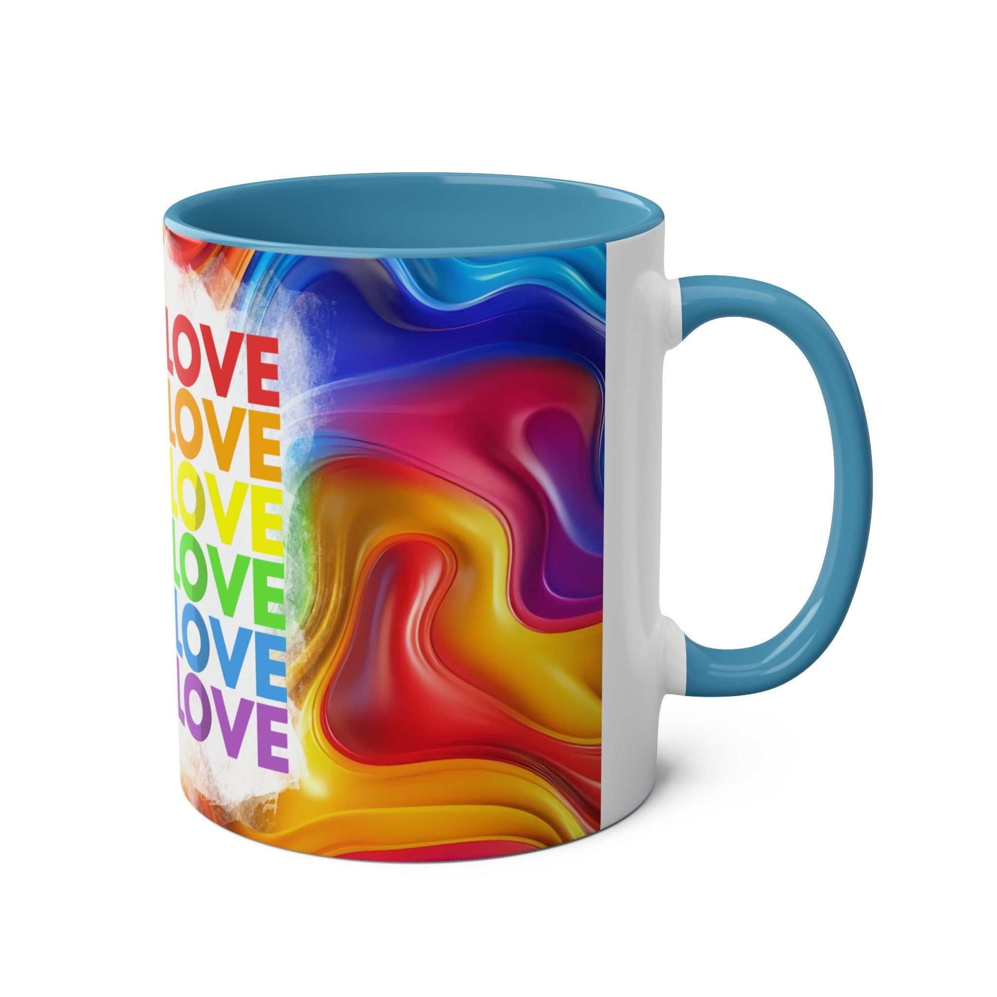 LGBTQ+ Pride Mug with vibrant rainbow design and "Love" text, ceramic, 11oz, dishwasher safe.
