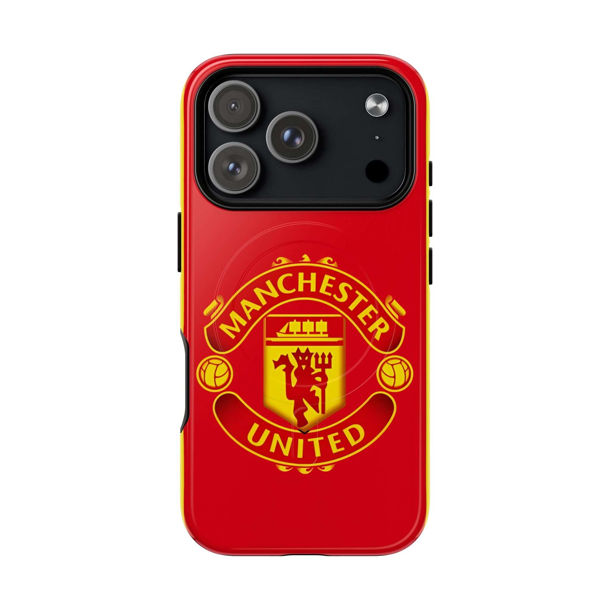 Manchester United MagSafe iPhone case with red design and club crest, dual-layer protection, and MagSafe compatibility