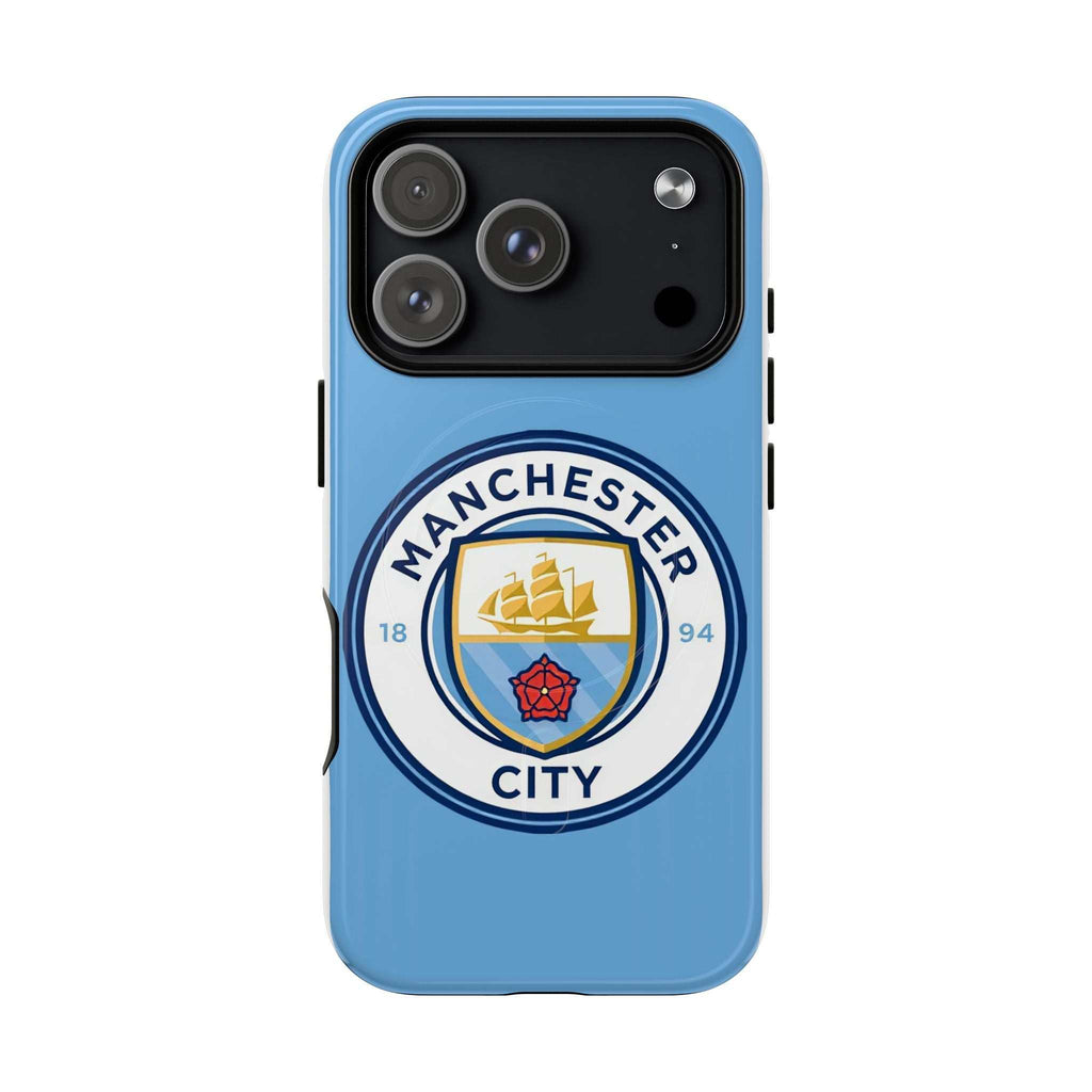 Manchester City MagSafe iPhone case with club logo and sky blue color, compatible with MagSafe charging and dual-layer protection