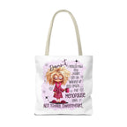 Cheeky menopause humour tote bag in three sizes with colorful handles and durable spun polyester fabric