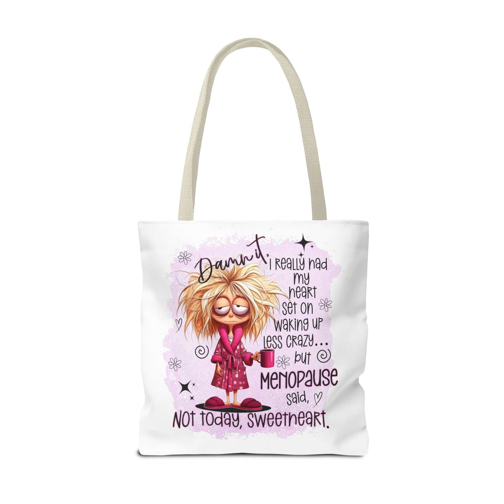 Cheeky menopause humour tote bag in three sizes with colorful handles and durable spun polyester fabric