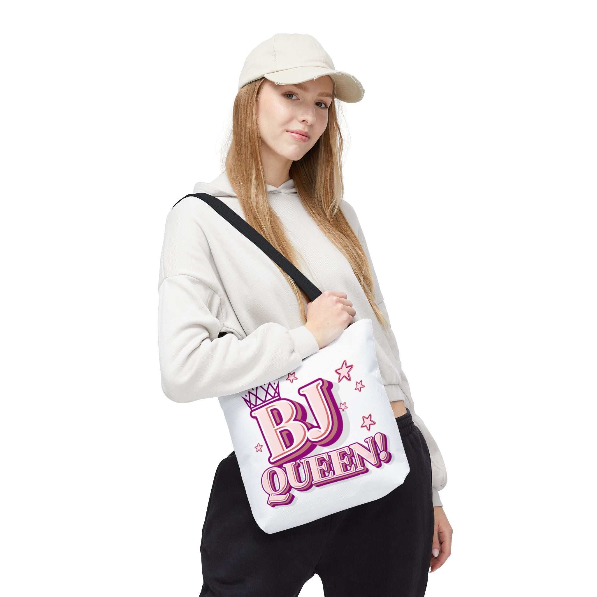 BJ Queen Tote Bag with cheeky design, durable spun polyester, multiple sizes and handle colors, perfect for daily use