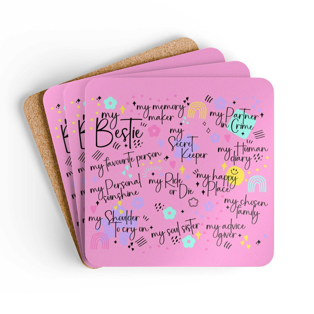Bestie Pink Coaster Set with playful design, high-gloss MDF top, cork back, and rounded corners.