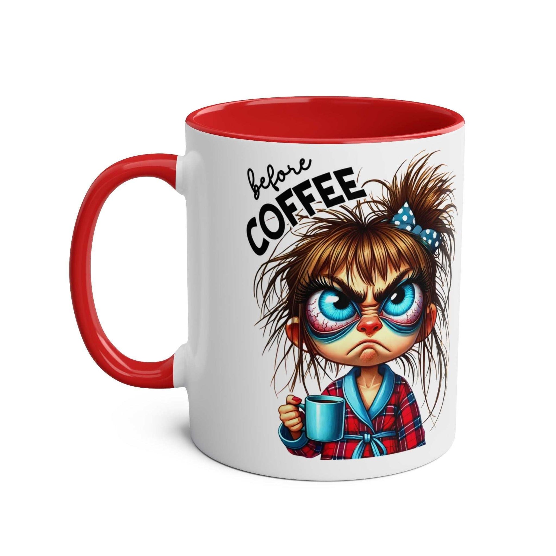 Fun sarcastic coffee mug with a humorous design featuring a grumpy character, red handle and interior.