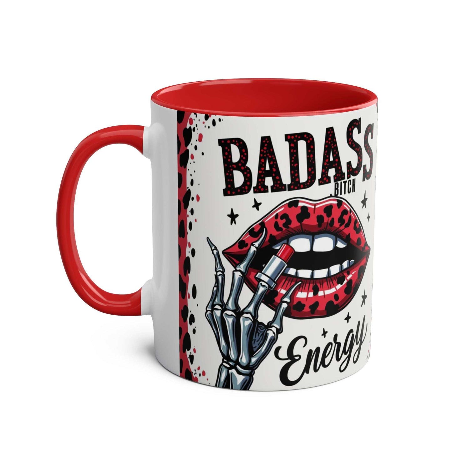 Badass Bitch Ceramic Two Tone Mug with red handle, featuring a bold design and glossy finish.