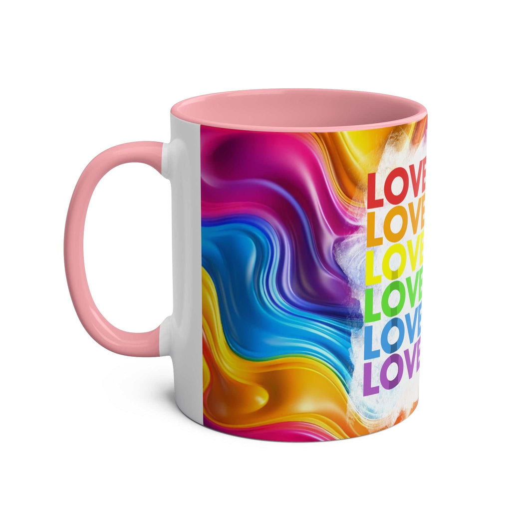 LGBTQ+ Pride mug with vibrant rainbow design, featuring "Love" text, ceramic, 11oz, pink handle.