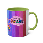 LGBTQ+ Pride Mug with vibrant rainbow design and green handle.