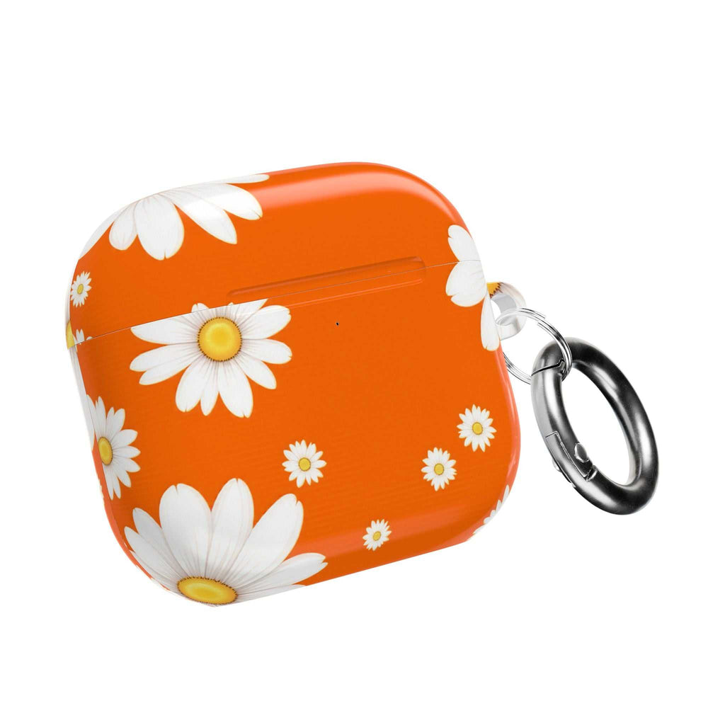 Orange Daises AirPods hard shell protective case with white daisy pattern and keyring attachment