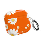 Orange Daises AirPods hard shell protective case with white daisy pattern and keyring attachment