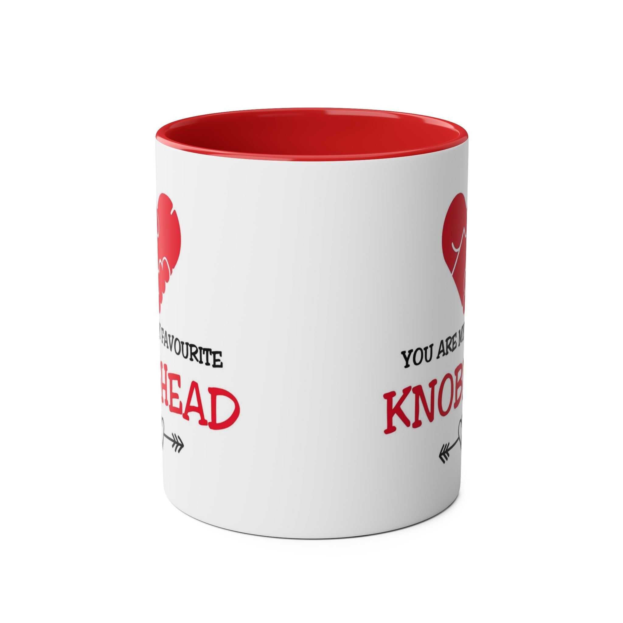 Funny ceramic mug with "You Are My Favourite Knobhead" print, red interior, perfect Valentine's gift.