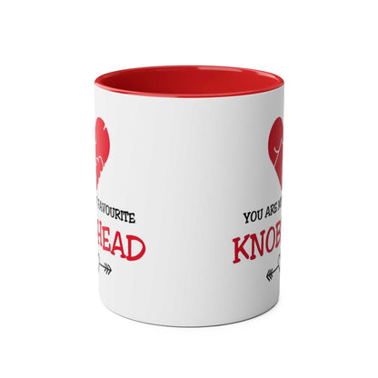 Funny ceramic mug with "You Are My Favourite Knobhead" print, red interior, perfect Valentine's gift.