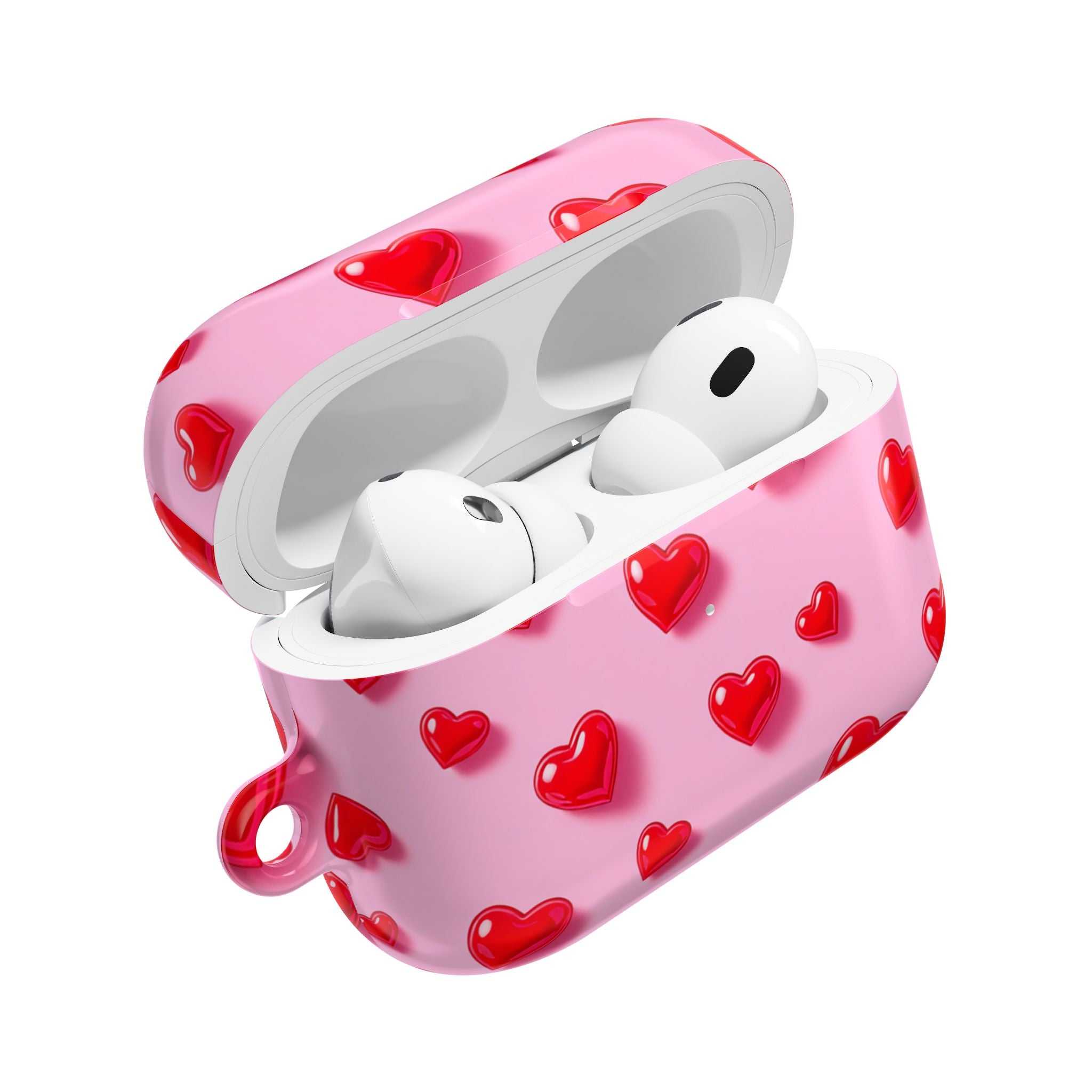 Pink Hearts AirPods protective case with vibrant red heart design, glossy finish, durable hard shell, and wireless charging compatible.