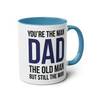 Fun Fathers Day Gift Mug with humorous dad message, blue interior, 11oz ceramic, glossy finish.