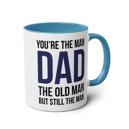 Fun Fathers Day Gift Mug with humorous dad message, blue interior, 11oz ceramic, glossy finish.