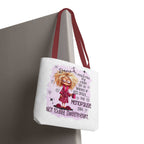 Menopause humour tote bag with cheeky design, durable spun polyester, multiple sizes and handle colors for casual use
