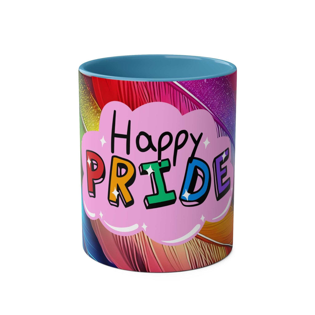 LGBTQ+ Pride Mug with vibrant rainbow design and "Happy Pride" text.