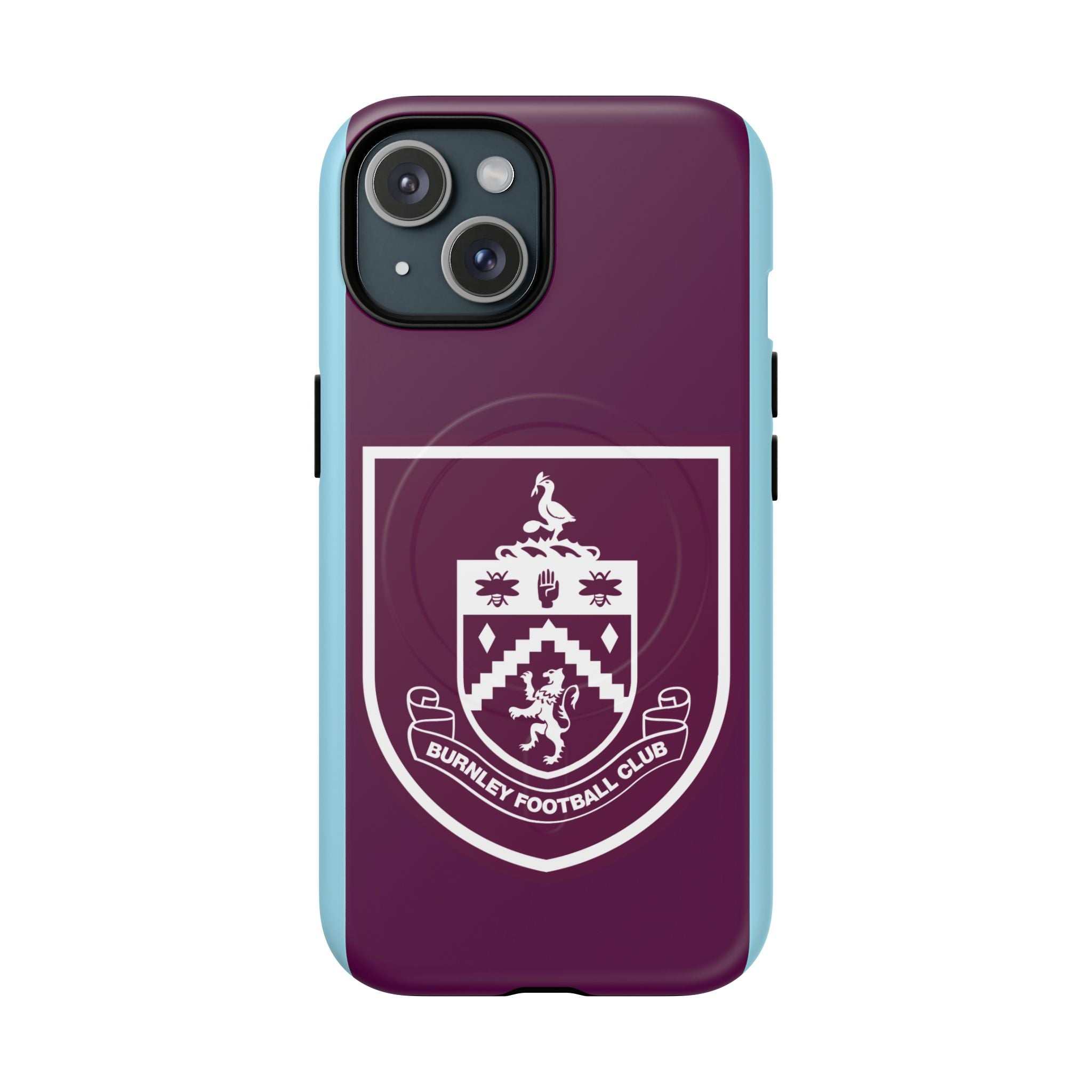 Burnley FC MagSafe iPhone case with claret and blue colors and official-inspired crest, dual-layer protection, and MagSafe compatibility