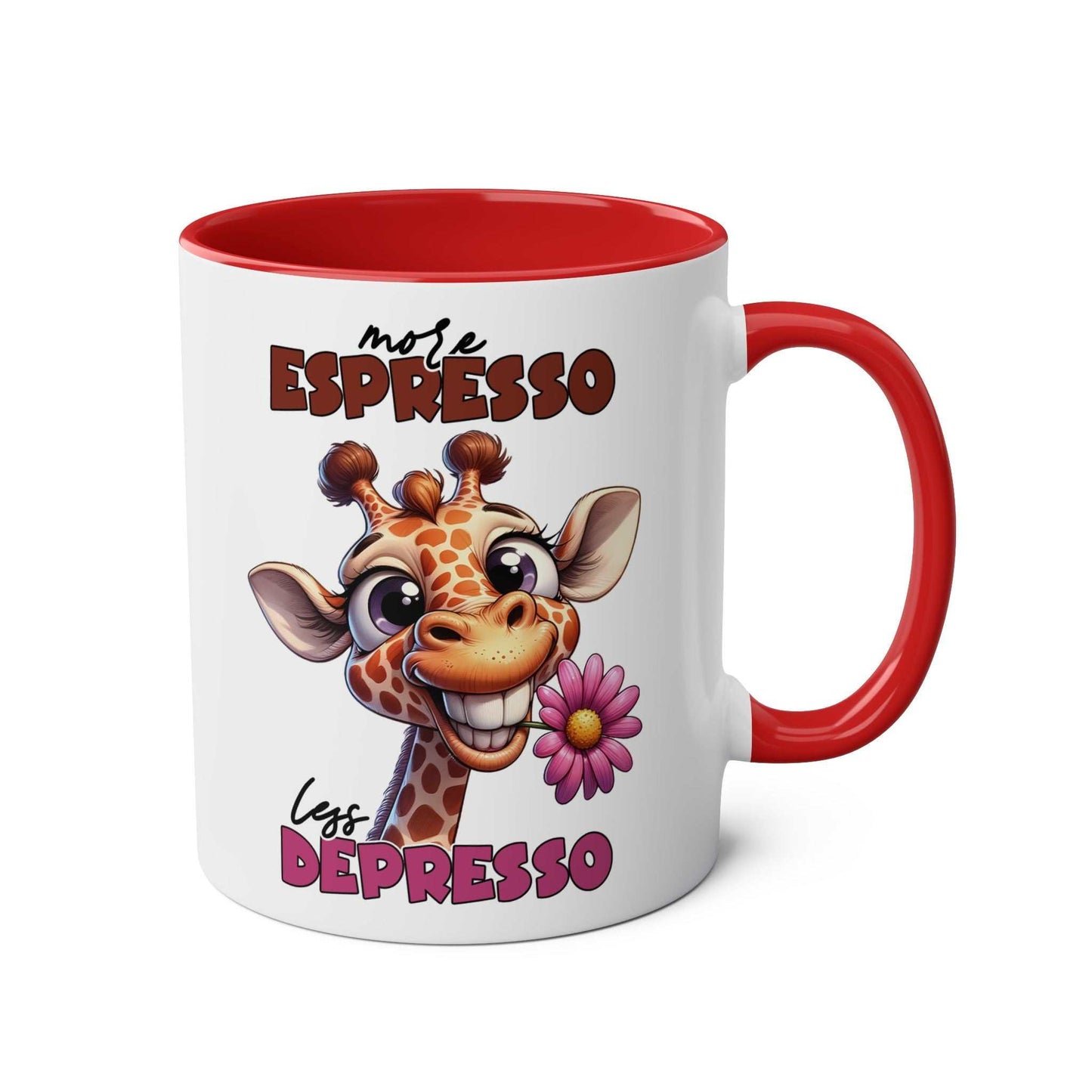 More Expresso Coffee Mug with silly giraffe design and red handle.