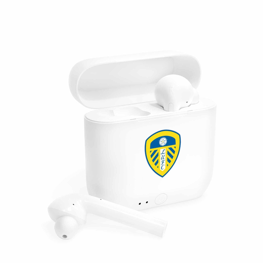 White Leeds Utd wireless earbuds with charging case featuring fan-inspired club crest design