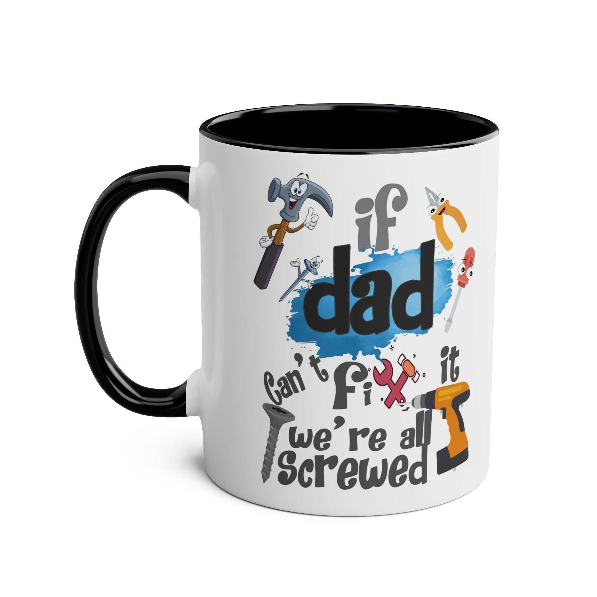 Fun Fathers Day Gift Mug with humorous text and tool illustrations, perfect Father's Day present.