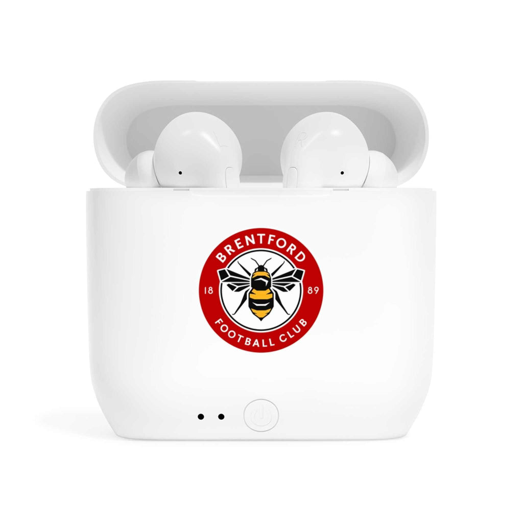 Brentford Fc wireless earbuds with charging case featuring fan-inspired club crest design