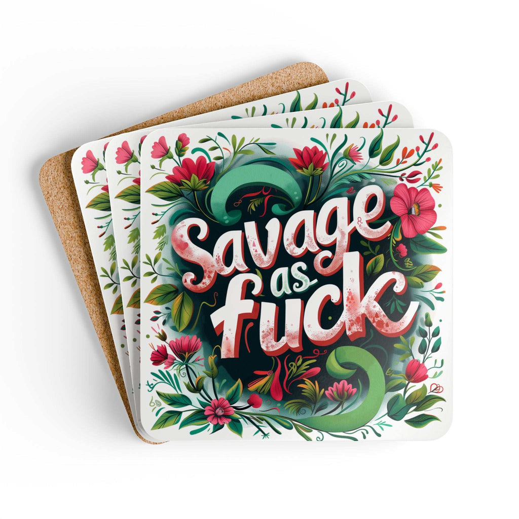 Savage As Fuck Coaster Set with floral design, high-gloss MDF top, cork backing, playful and cheeky home accessory.