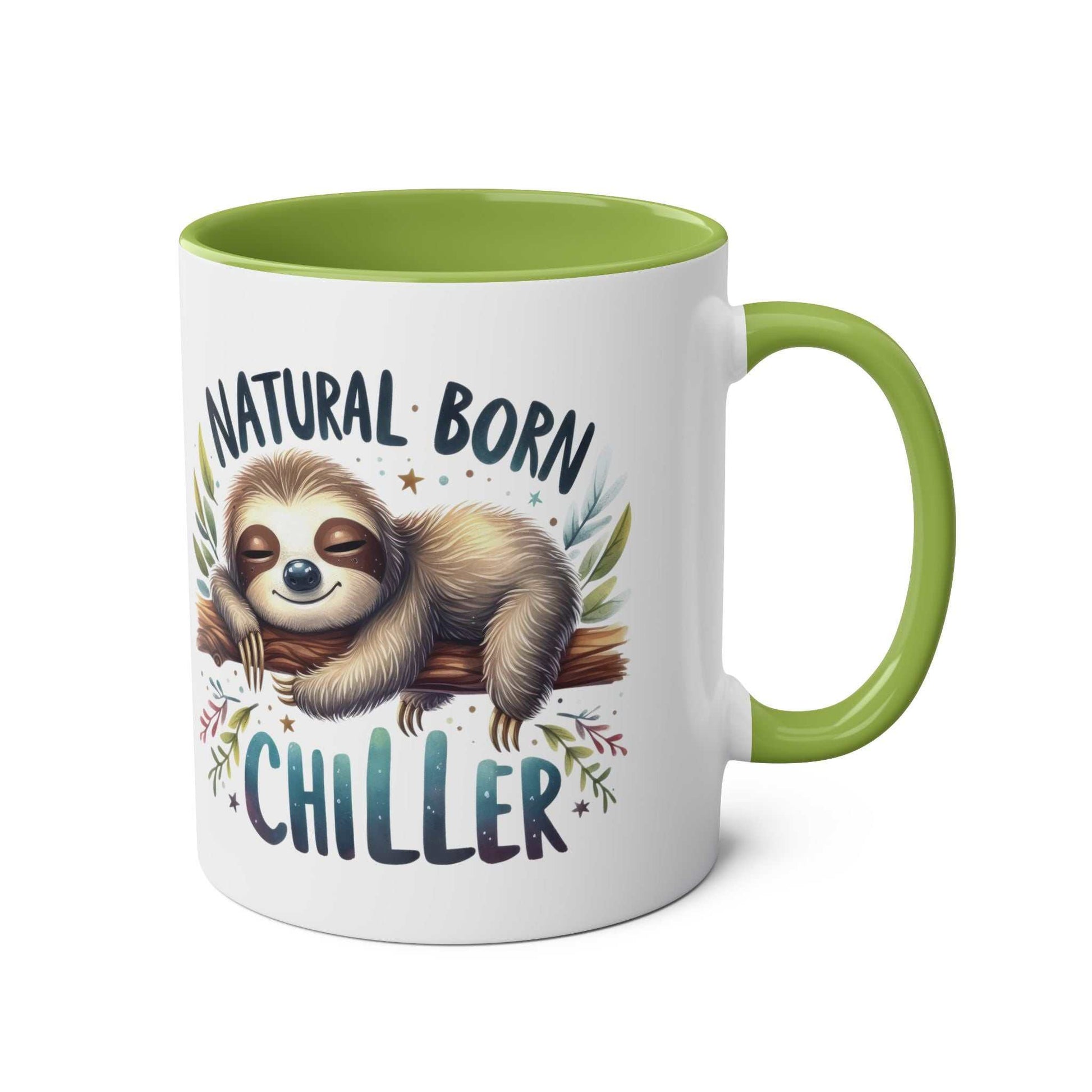 cute sloth coffee mug with "natural born chiller" design and green handle