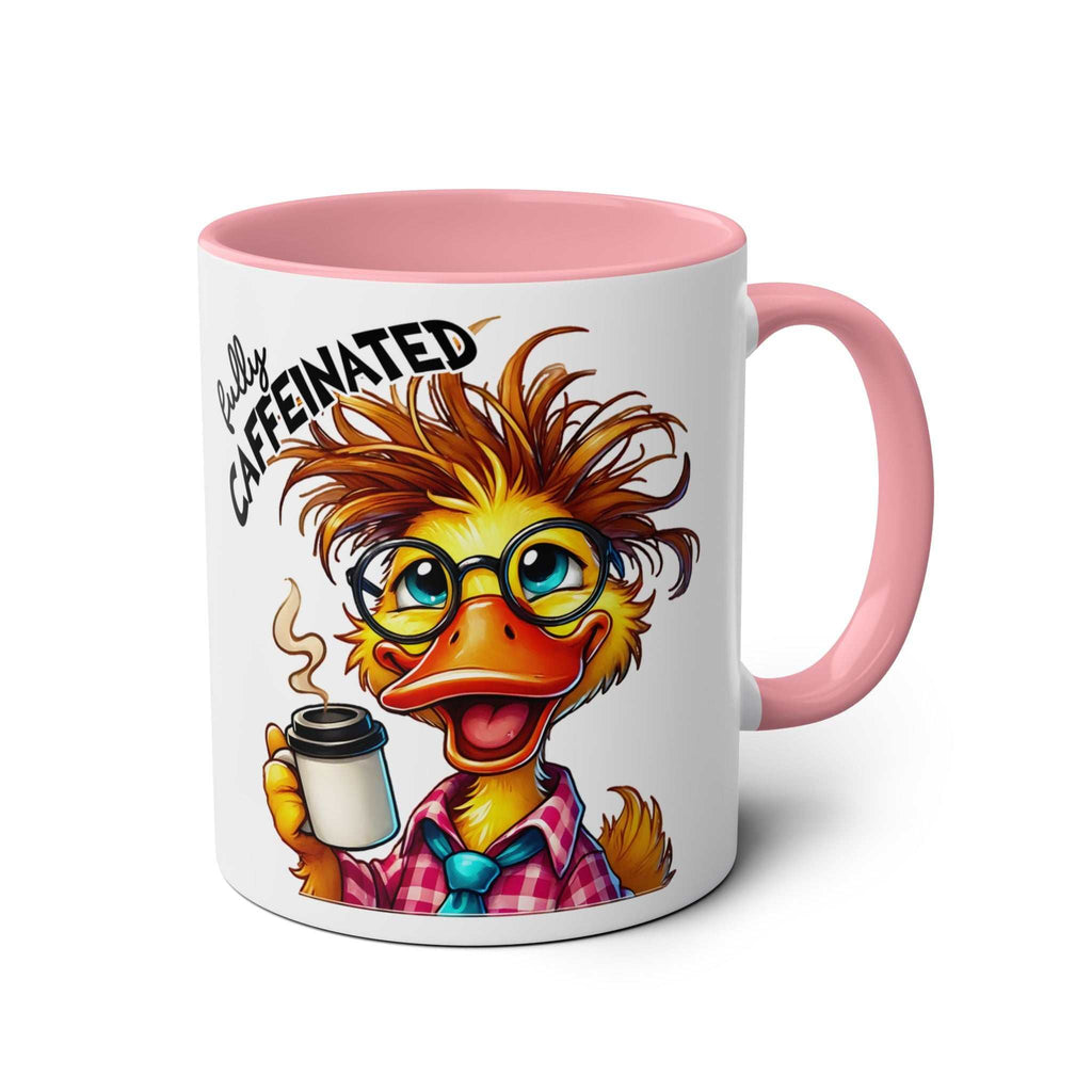 Fun Sarcastic Coffee Mug with cartoon bird design, pink interior and handle.