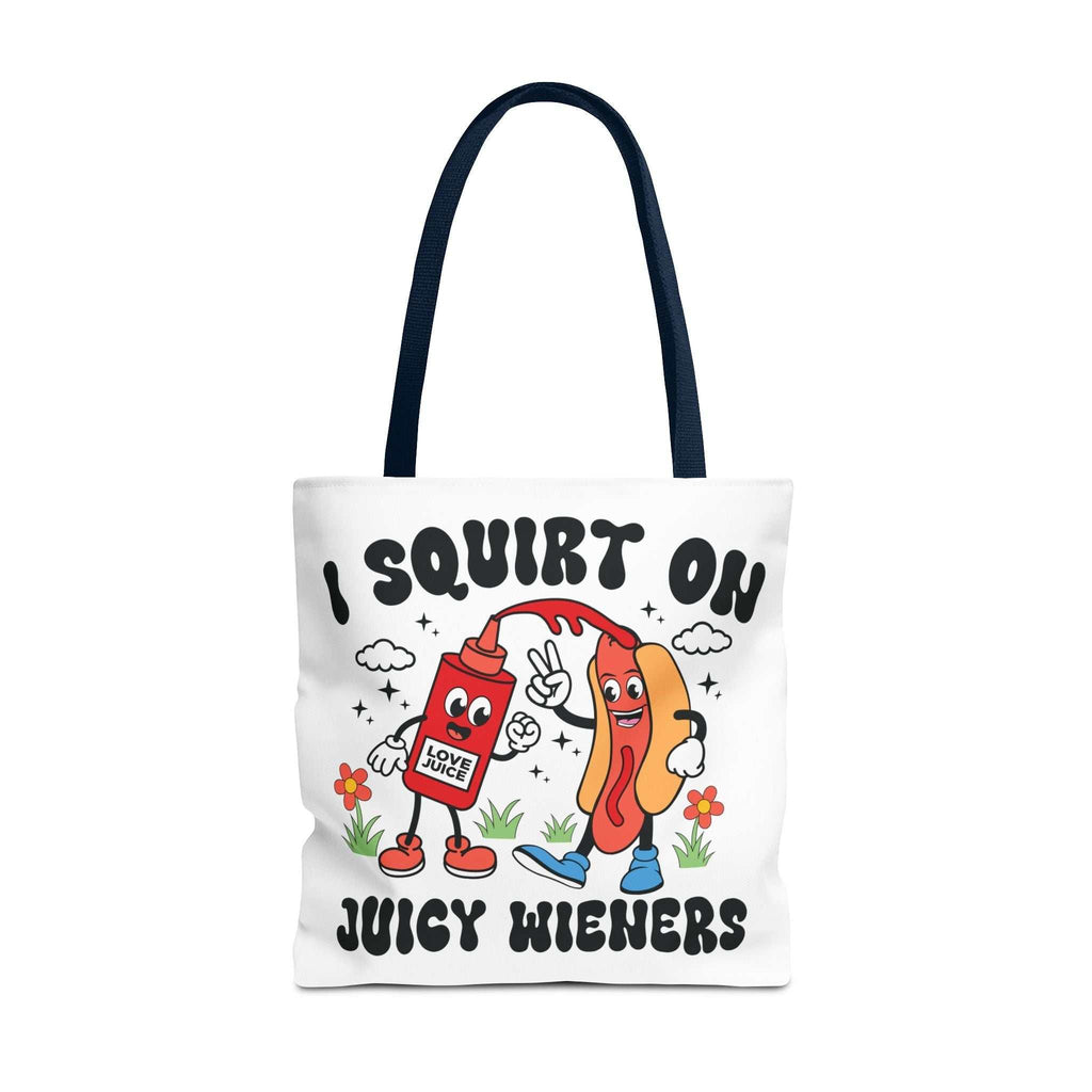 Cheeky Juicy Wieners Fun Tote Bag with hot dog print and colorful handles