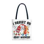 Cheeky Juicy Wieners Fun Tote Bag with hot dog print and colorful handles