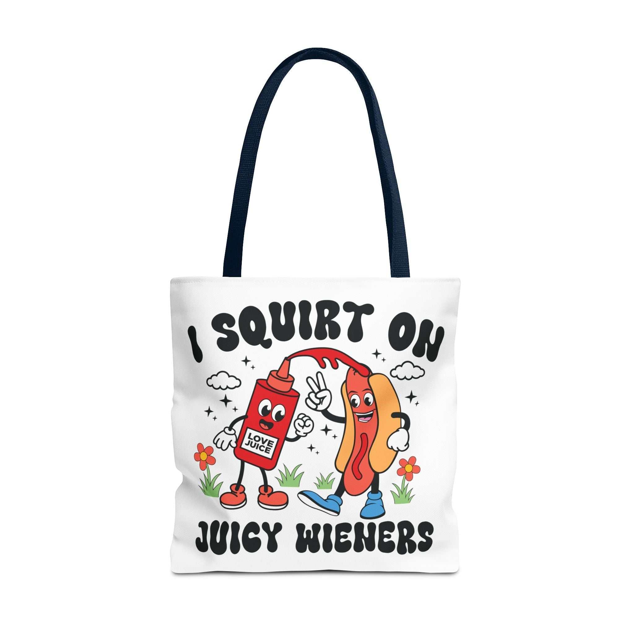 Cheeky Juicy Wieners Fun Tote Bag with colorful handles and durable fabric