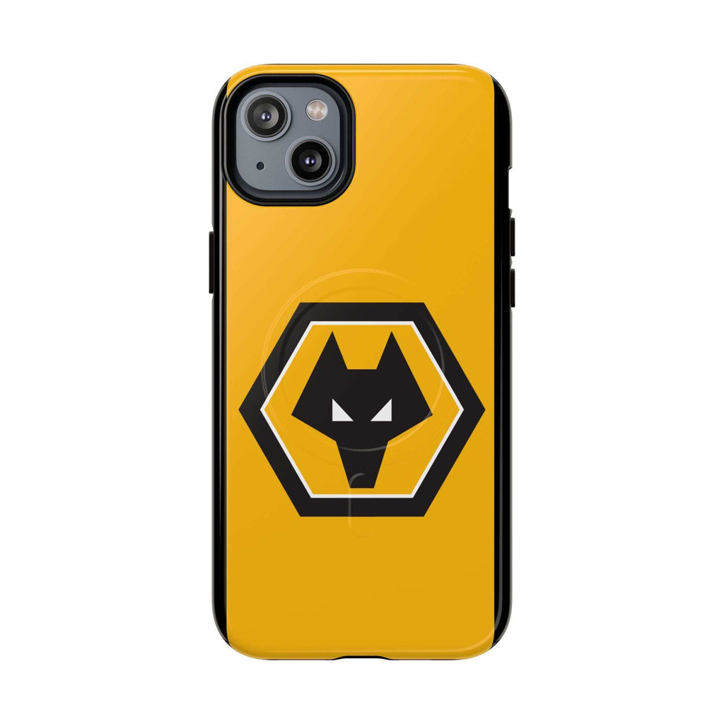 Wolves FC MagSafe iPhone case with gold black colors and wolf crest, durable dual-layer protection, MagSafe compatible