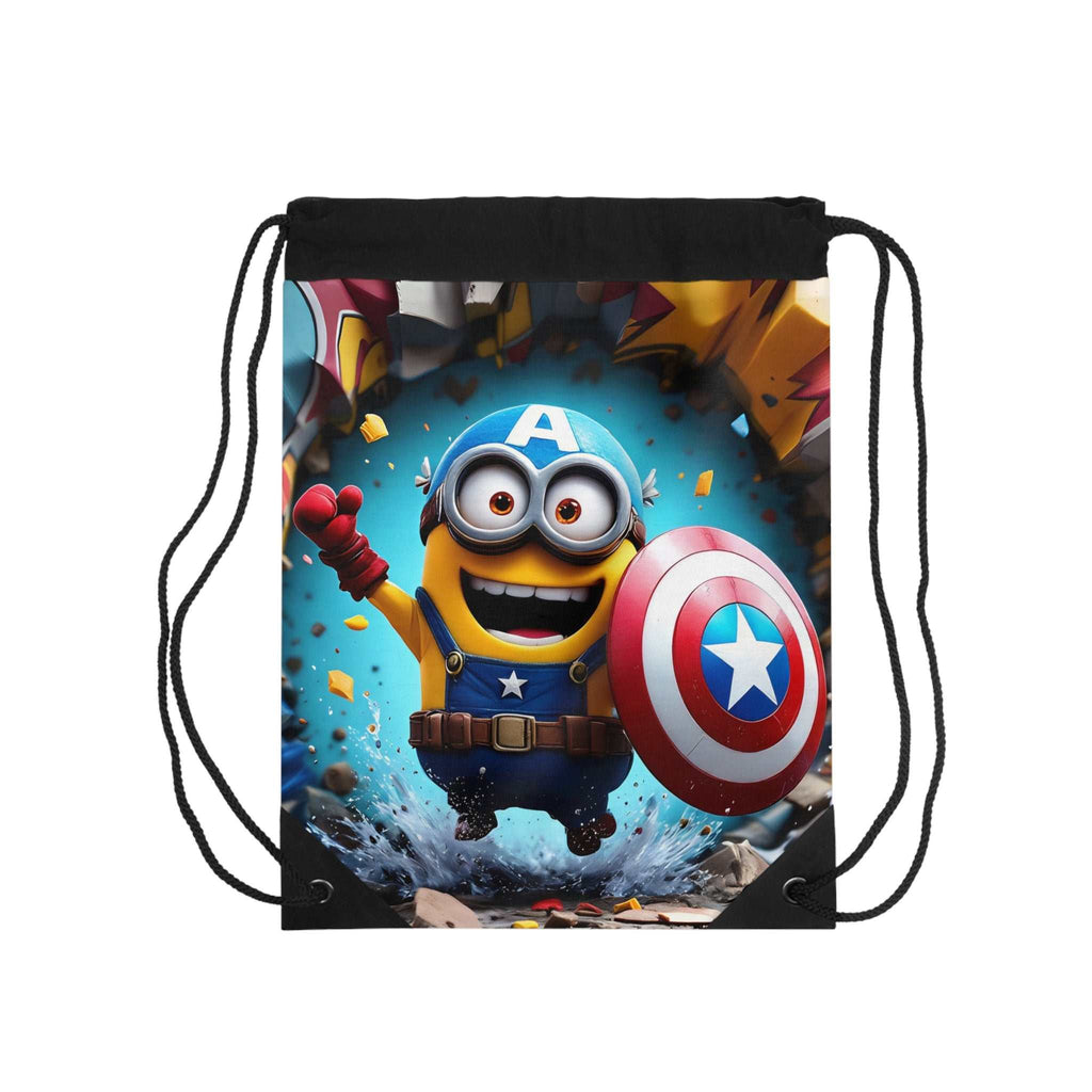 Minion Captain America drawstring bag with superhero design, durable polyester, and easy-to-use closure