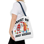Cheeky Juicy Wieners Fun Tote Bag with hot dog print and colorful straps