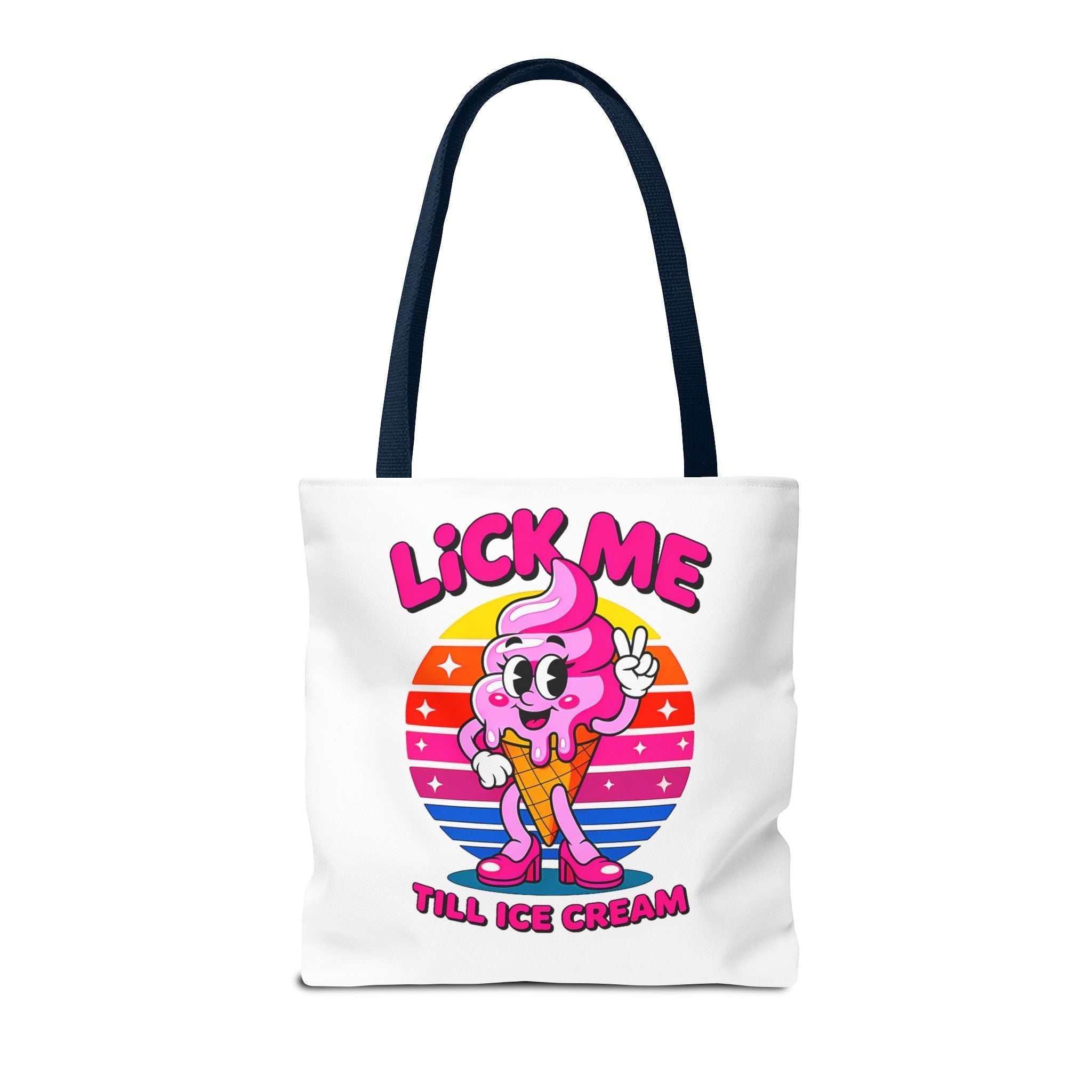 Cheeky Lick Me Till Ice Cream Tote Bag with colorful handles, durable spun polyester, available in three sizes for shopping and casual use