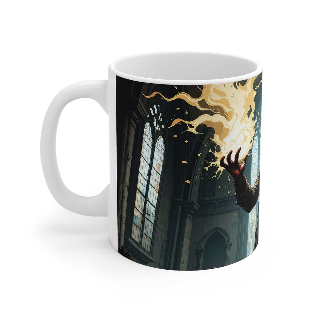 Mystical Hellboy inspired ceramic mug with glossy finish and supernatural artwork featuring a magical flame in a gothic window setting